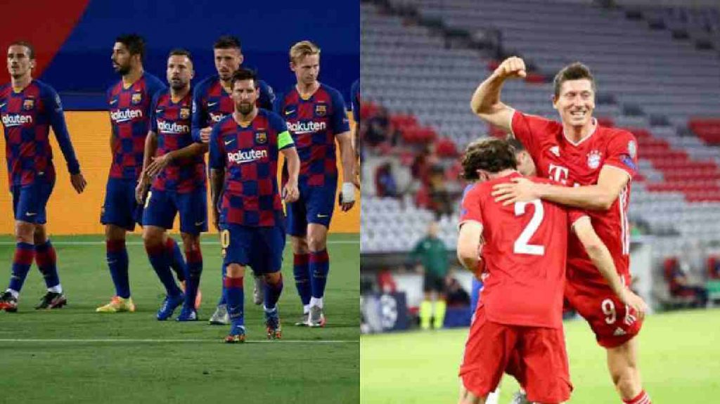 The image contains a Disgruntled Barcelona squad leaving the stadium and Lewandowski in a smiling celebration