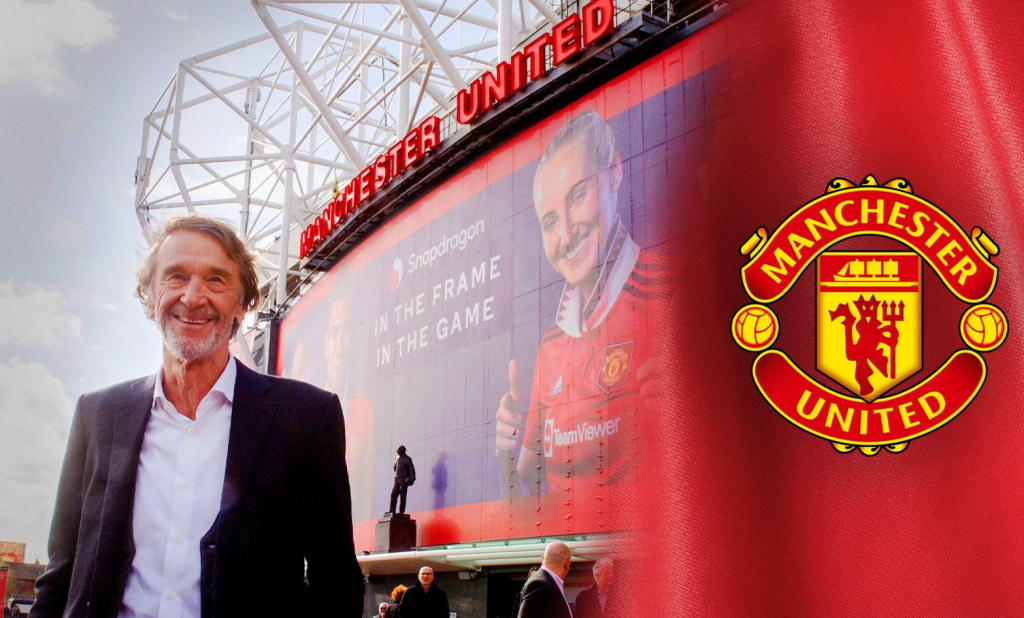 Sir Jim Ratcliffe smiling on the outside of Manchester United stadium