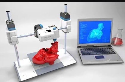 3D heart with a laptop and chemical glass