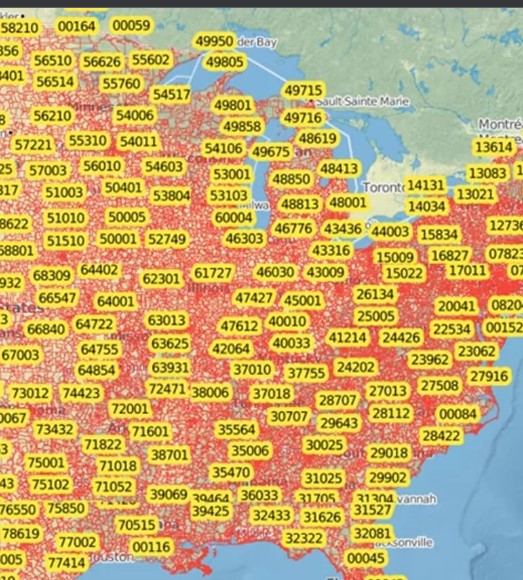 Map showing United States Zip codes 