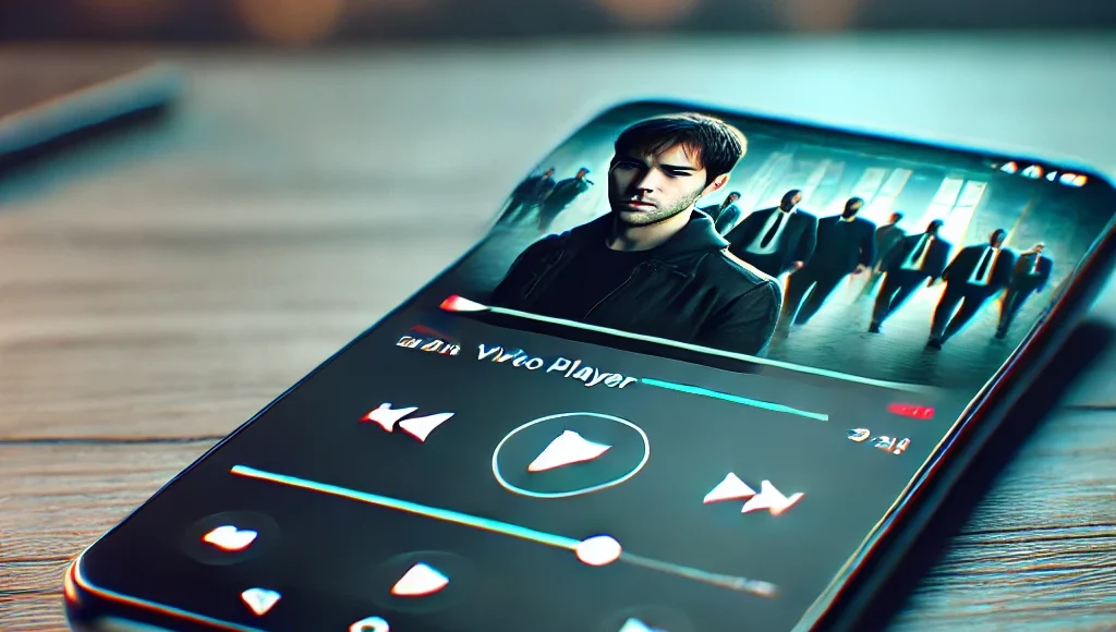 A modern Android smartphone displaying a high-quality video player app on its screen. The video player has a sleek interface with playback controls