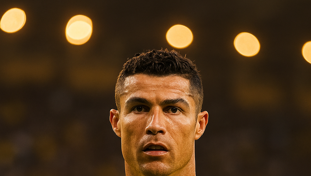 Cristiano Ronaldo wearing Al Nassr kit, a faint background of shiny stadium lights spotted in the distance