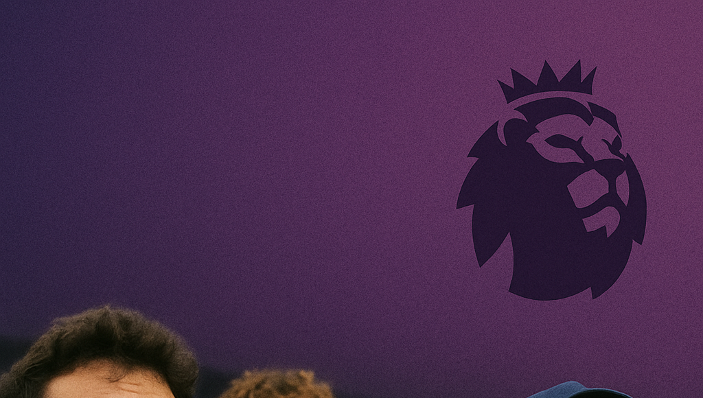 Three young football fans in team gear react in shock and excitement in front of a stadium backdrop with the Premier League logo above them on a purple gradient.