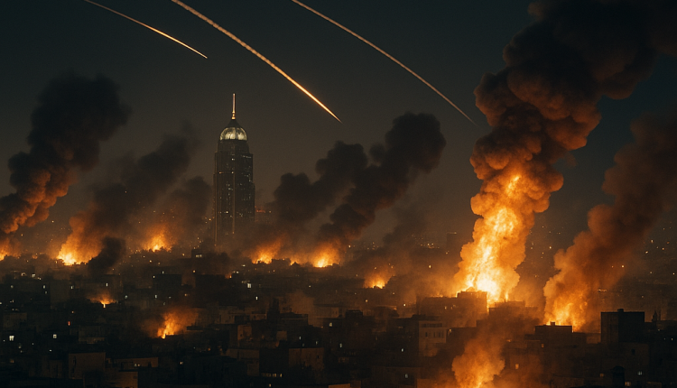 A barage of missiles falling on Iranian city in the night sky ad flames from explosions filling up the atmosphere